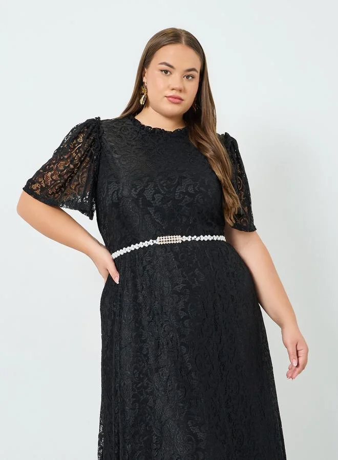 Styli  Plus Size Black Embellished Lace Maxi Dress for Women | Best Price UAE