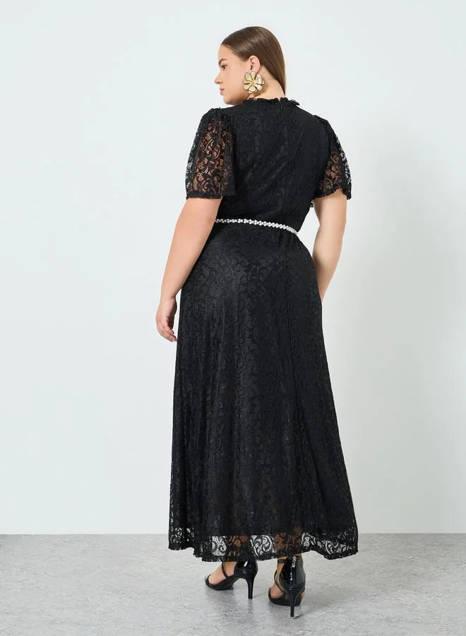 Styli  Plus Size Black Embellished Lace Maxi Dress for Women | Best Price UAE