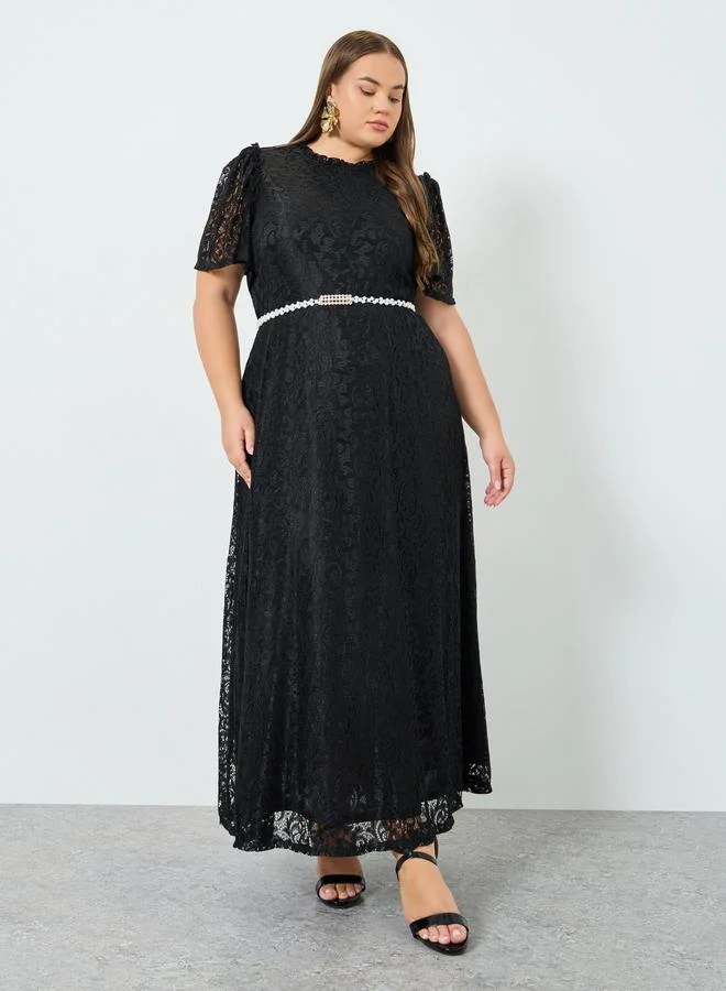 Styli  Plus Size Black Embellished Lace Maxi Dress for Women | Best Price UAE