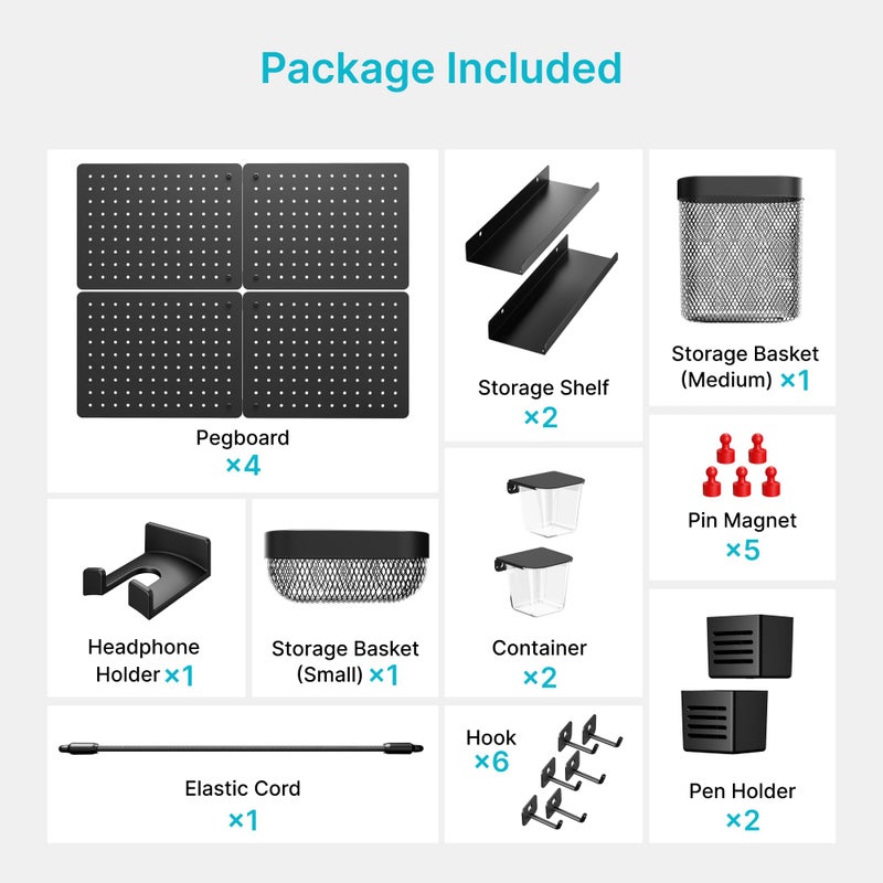 PEGZONE Pegboard Wall Organizer Combination Kit,Overall 33.1"x25.4" Metal Office Pegboard with 21 Accessories, Wall Mounted Peg board Display Panels for Home, Gaming Room, Garage (4Pcs,Black) - Image 3