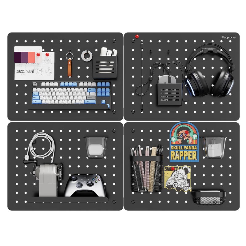 PEGZONE Pegboard Wall Organizer Combination Kit,Overall 33.1"x25.4" Metal Office Pegboard with 21 Accessories, Wall Mounted Peg board Display Panels for Home, Gaming Room, Garage (4Pcs,Black) - Image 1