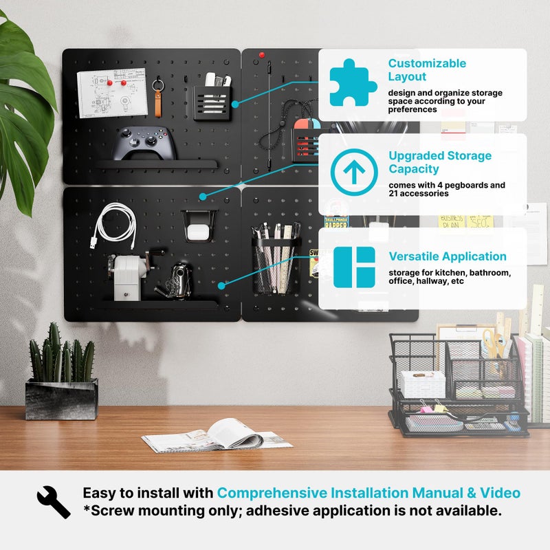 PEGZONE Pegboard Wall Organizer Combination Kit,Overall 33.1"x25.4" Metal Office Pegboard with 21 Accessories, Wall Mounted Peg board Display Panels for Home, Gaming Room, Garage (4Pcs,Black) - Image 4