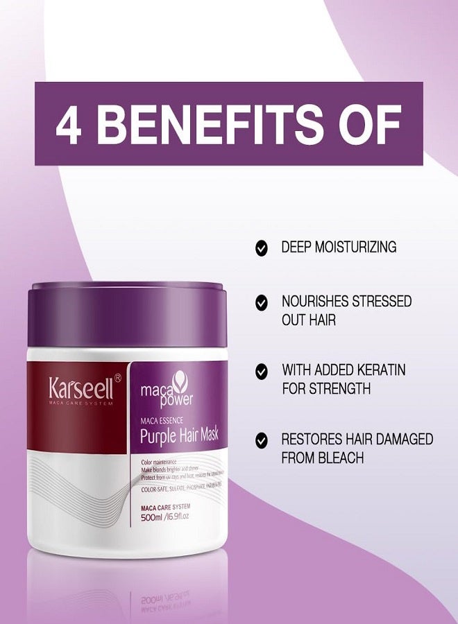 Karseell Maca Power Professional Purple Hair Mask Neutralizes Brass and Yellow Shades for Blonde Silver Grey Hair Highlights 16.9 Oz - 500 ml - Image 4