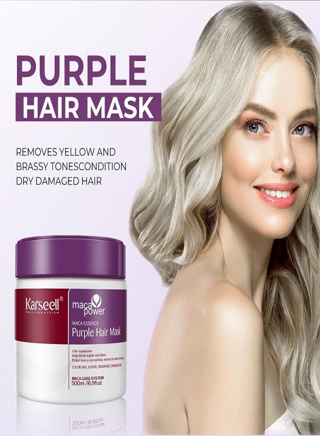 Karseell Maca Power Professional Purple Hair Mask Neutralizes Brass and Yellow Shades for Blonde Silver Grey Hair Highlights 16.9 Oz - 500 ml - Image 3