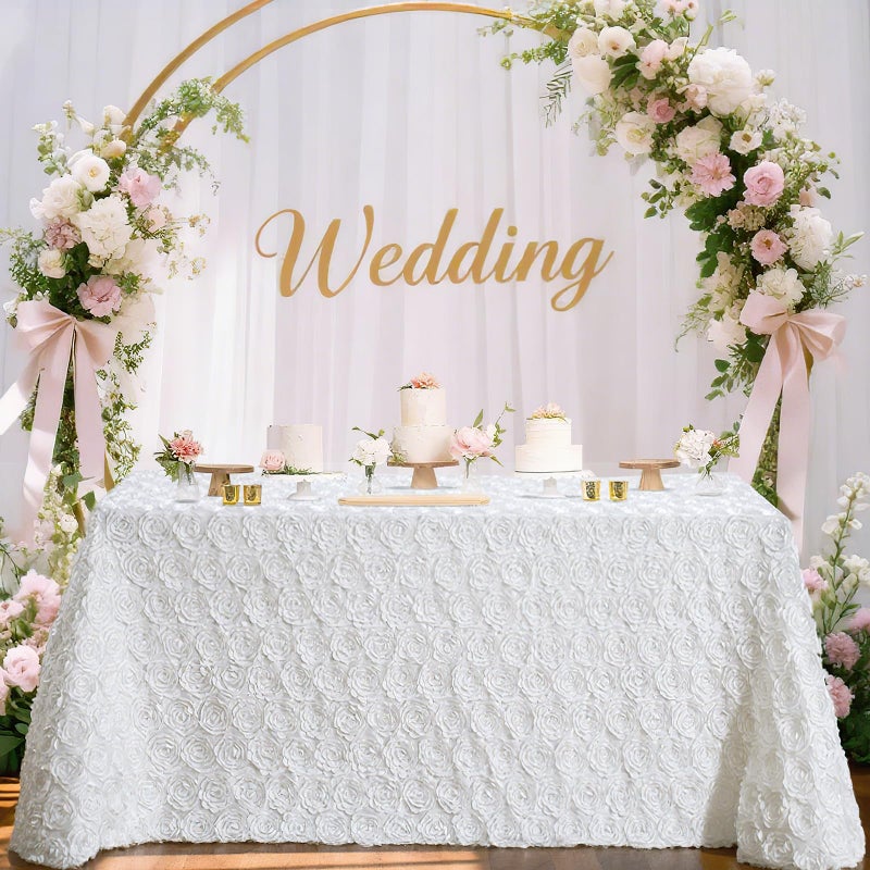 BCOOL White Rosette Tablecloth 90 by 132 Inch White Table Cover 3D Rectangle Floral Tablecloths Wedding Birthday Halloween Party Tabletop Decorations