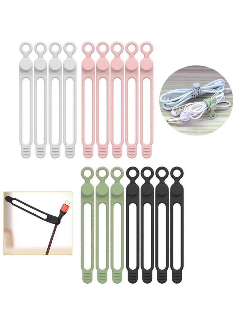 16 Pcs Silicone Cable Ties, Reusable Cable Management Storage Box, Wire Ties, Multifunctional Elastic Rope Storage Bag, Used For Bundling And Fastening Cable Wires (Black, White, Pink, Green) - Image 1
