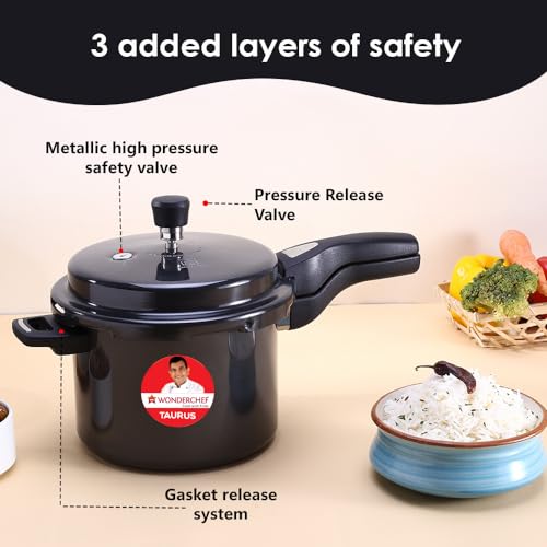 Wonderchef Taurus Hard Anodized Outer Lid Pressure cooker, 5 liter, Cool Touch Handles for Durability, Induction Friendly, Black, 5 year warranty, ISI Certified - Image 4