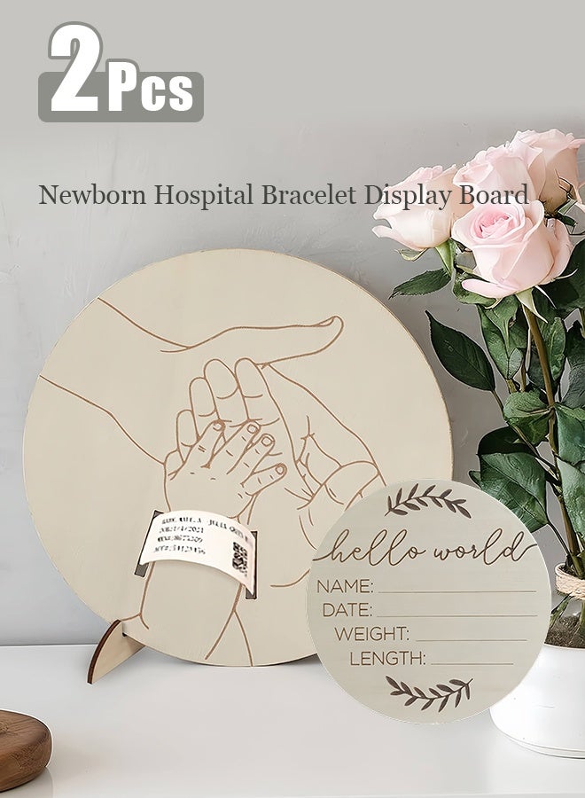 2 Pcs Newborn Wooden Birth Memorial Plaque, Newborn Hospital Bracelet Display Board, Double-Sided Engraved Baby Name Photo Props, Hello World Welcome Baby Decoration - Image 1