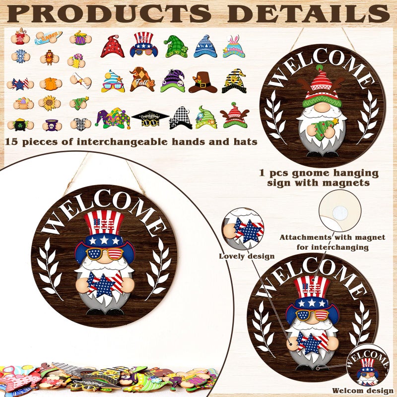 Qunclay Interchangeable Wooden Gnome Decor Holiday Seasonal Gnome Decorations with Magnet Pieces and Detachable Hats Changeable Welcome Sign for Home (Elegant Style) - Image 2