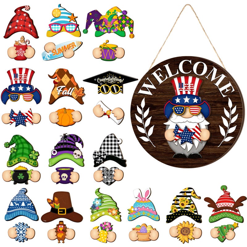 Qunclay Interchangeable Wooden Gnome Decor Holiday Seasonal Gnome Decorations with Magnet Pieces and Detachable Hats Changeable Welcome Sign for Home (Elegant Style) - Image 1