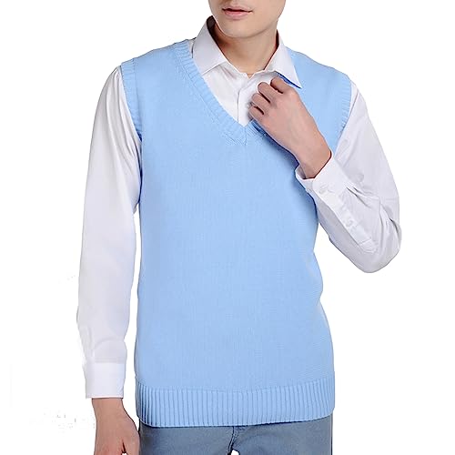 Betonsa Men Women Knitted Cotton V-Neck Vest JK Uniform Pullover Sleeveless Sweater School Cardigan Sky Blue - Image 2