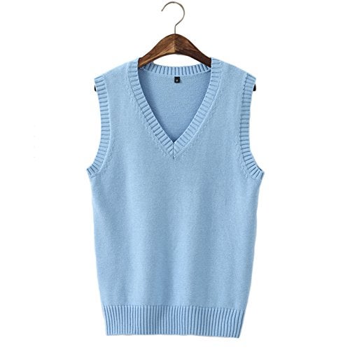 Betonsa Men Women Knitted Cotton V-Neck Vest JK Uniform Pullover Sleeveless Sweater School Cardigan Sky Blue - Image 3