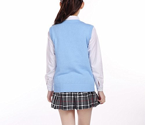 Betonsa Men Women Knitted Cotton V-Neck Vest JK Uniform Pullover Sleeveless Sweater School Cardigan Sky Blue - Image 4