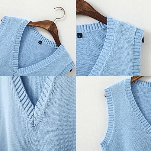 Betonsa Men Women Knitted Cotton V-Neck Vest JK Uniform Pullover Sleeveless Sweater School Cardigan Sky Blue - Image 5
