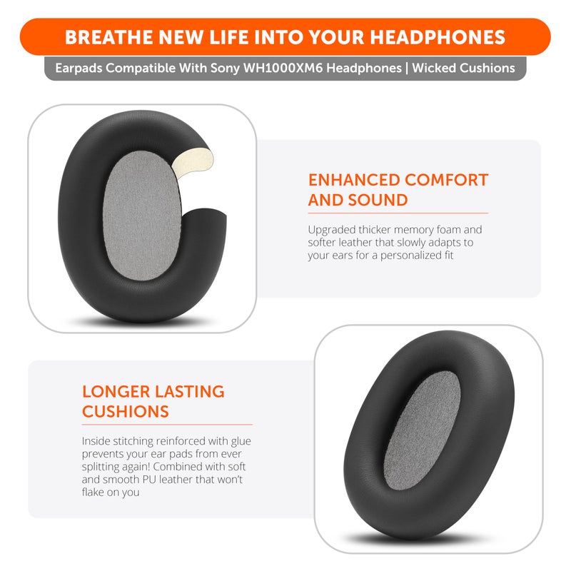 WC PadZ XM6 â€“ Premium Replacement Earpads Compatible with Sony WH-1000XM6 Headphones by Wicked Cushions | Enhanced Comfort, Durable PU Leather & Sound Isolation | Black - Image 4