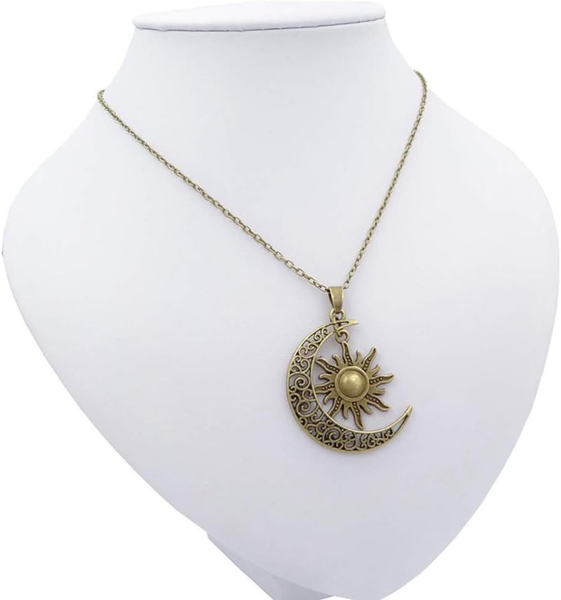 QIAN0813 Vintage Bronze Crescent Moon and Sun Pendant Necklace Retro Swirl Filigree Unisex Jewelry Gifts - Image 2