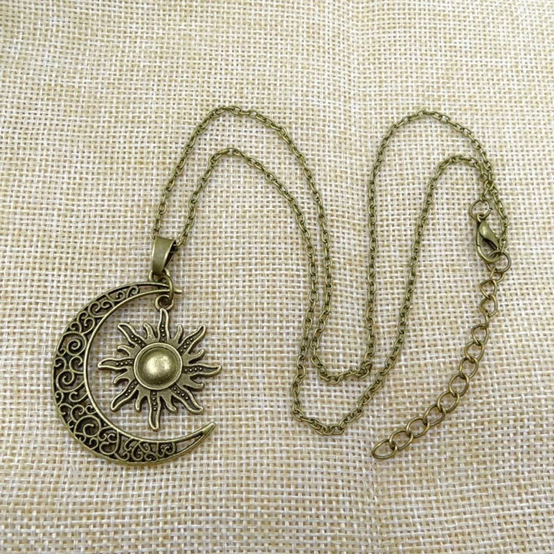 QIAN0813 Vintage Bronze Crescent Moon and Sun Pendant Necklace Retro Swirl Filigree Unisex Jewelry Gifts - Image 3