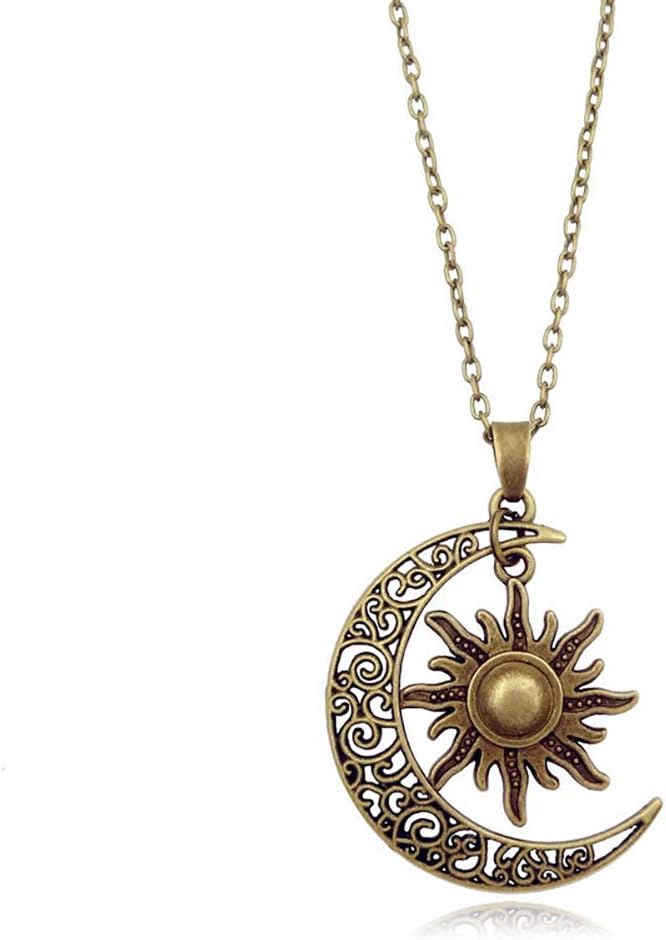 QIAN0813 Vintage Bronze Crescent Moon and Sun Pendant Necklace Retro Swirl Filigree Unisex Jewelry Gifts - Image 1