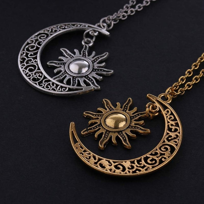QIAN0813 Vintage Bronze Crescent Moon and Sun Pendant Necklace Retro Swirl Filigree Unisex Jewelry Gifts - Image 4