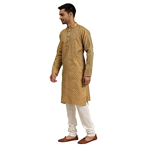 SOJANYA (Since 1958 Men's Jacquard Silk Mustard Self Design ONLY Kurta Size: 36 - Image 3