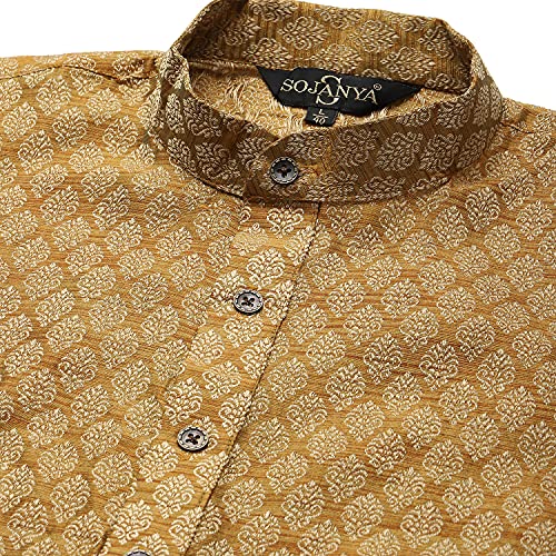SOJANYA (Since 1958 Men's Jacquard Silk Mustard Self Design ONLY Kurta Size: 36 - Image 4