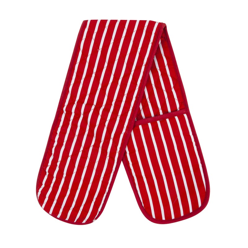 MOLLY MALOU Butcher Stripe Double Oven Gloves Quilted Heavy Duty Cooking Potholder Heat Resistant Mitt 18x90cm Red