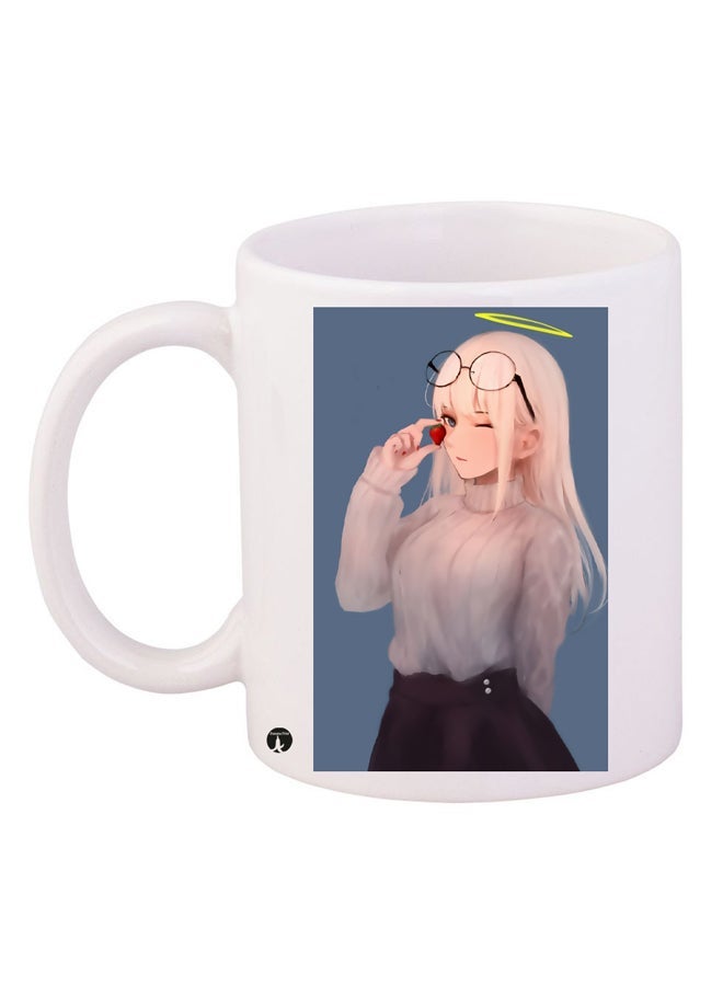 RYN Girl Printed Ceramic Coffee Mug White/Blue/Beige 11ounce