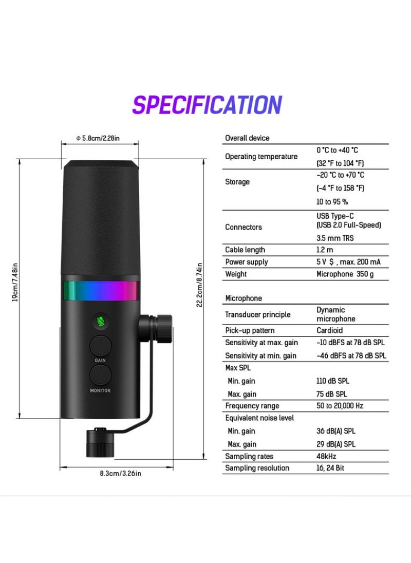 EVEREEN - USB XLR Dynamic Microphone Touchmute Headphone Jack Volume Control For Youtube PC Game Sound Card Recording Metal LM20 (Microphone and Bracket) - Image 1