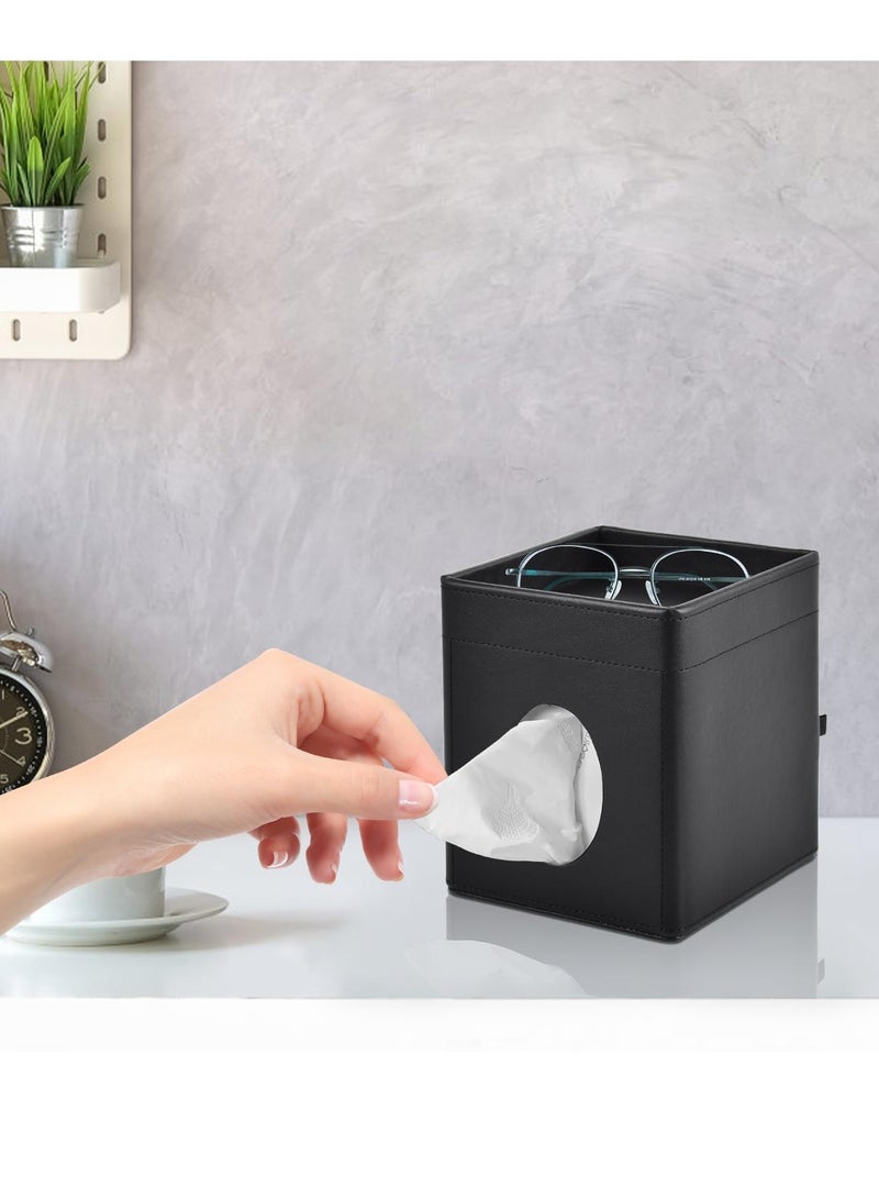 SYOSI غطاء صندوق المناديل المربّع الأنيق باللون الأسود حامل مناديل جلد PU منظم للمناديل الورقية مع علبة تخزين لحمام الف vanity غرفة النوم المكتب السيارة حامل المناديل المنظم الزخرفي الأسود - Image 5