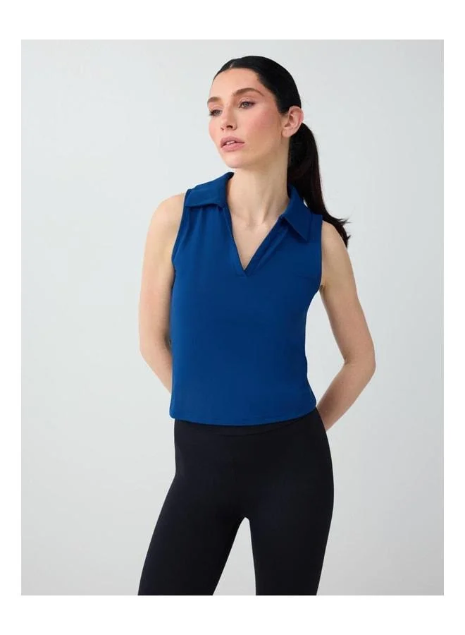 Jimmy Key Cobalt Sleeveless Polo-Collar Slim-Fit Knit Blouse.