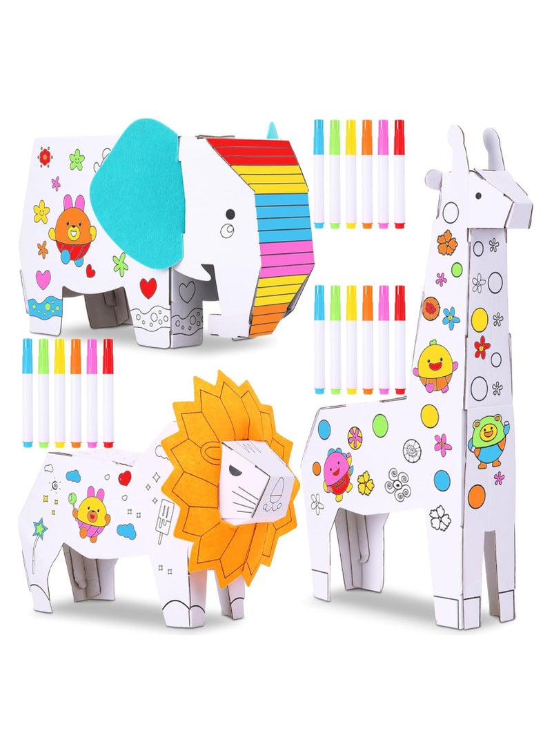 Excefore 3 Sets Kids Animals Arts and Crafts, 3 Style 3D Animal Paper Craft for Kids to Color with 18 Colored Pens Elephant Giraffe Lion Cardboard Animals Model for DIY Doodle Color Draw Decorate Splicing - Image 1