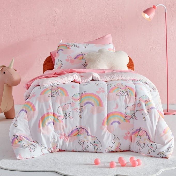 KIDS TWIN BEDDING COMFORTER SET SUPER CUTE SOFT KIDS BEDDING BED IN A BAG 5 PIECES SET WITH COMFORTER SHEET PILLOWCASE SHAM PINK UNICORN