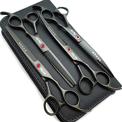 Kingstar 7.0in Titanium Black Professional Pet Grooming Scissors Set,Straight & Thinning & Curved Scissors 4pcs Set for Dog Grooming,(Black) - Image 1