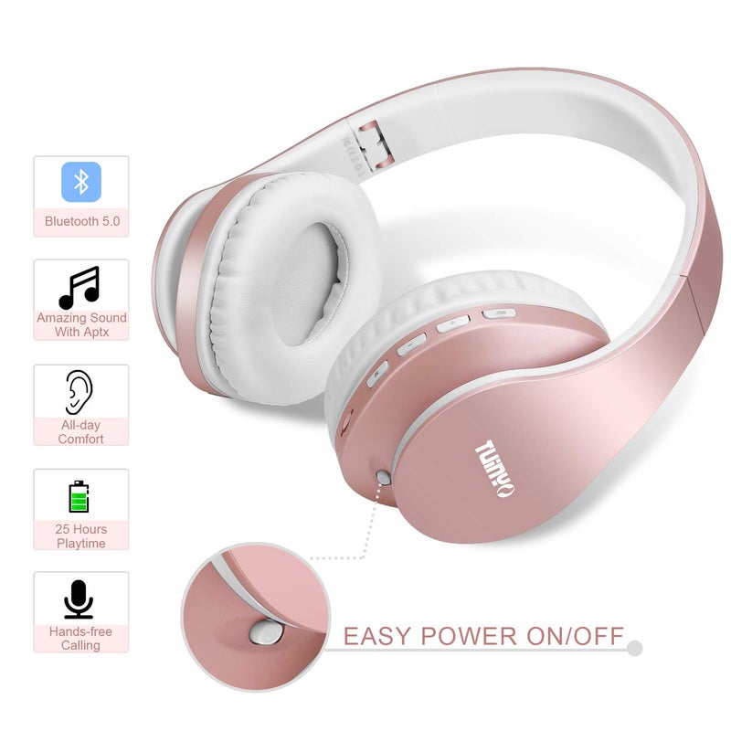 TUINYO Wireless Headphones Over Ear, Bluetooth Headphones with Microphone, Foldable Stereo Wireless Headset-Rose Gold - Image 3