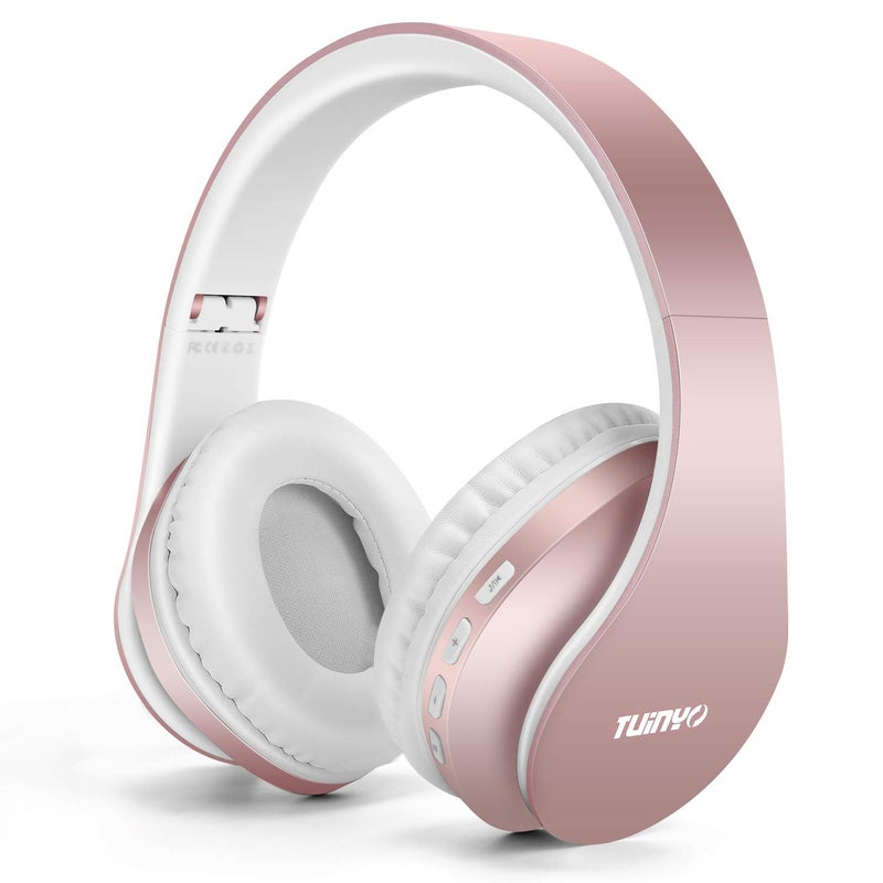 TUINYO Wireless Headphones Over Ear, Bluetooth Headphones with Microphone, Foldable Stereo Wireless Headset-Rose Gold - Image 1