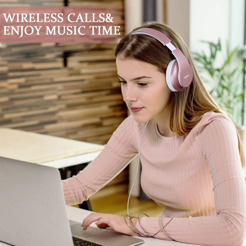 TUINYO Wireless Headphones Over Ear, Bluetooth Headphones with Microphone, Foldable Stereo Wireless Headset-Rose Gold - Image 2