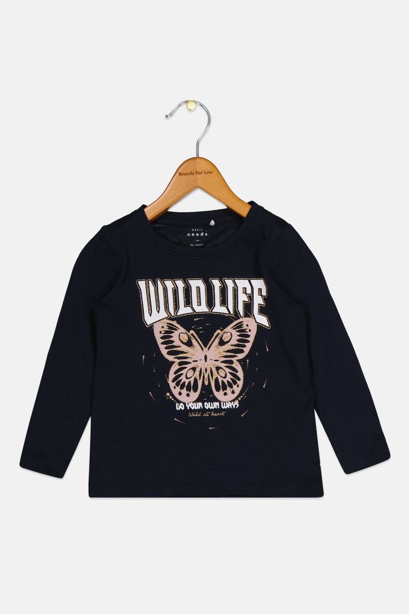 NAME IT تي شيرت طويل الأكمام بنمط رسومي للفتيات الصغيرات، أزرق داكن - Image 1