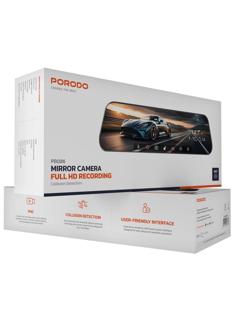 porodo Dash Camera with  9.66" Touch Screen/ Full HD Recording and Built-in Speaker / Dash Camera for Car / Easy to Use / Impact Detection / Mirror Lens / 1920 x 1080P Digital Video - Black  - Image 4