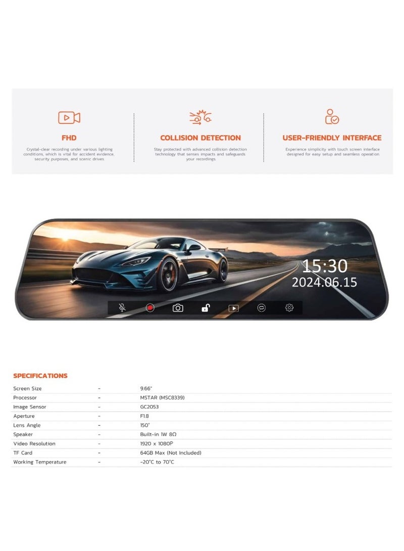 porodo Dash Camera with  9.66" Touch Screen/ Full HD Recording and Built-in Speaker / Dash Camera for Car / Easy to Use / Impact Detection / Mirror Lens / 1920 x 1080P Digital Video - Black  - Image 1