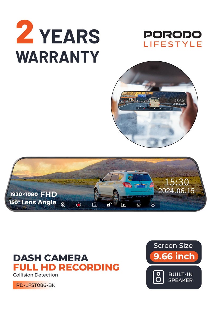 porodo Dash Camera with  9.66" Touch Screen/ Full HD Recording and Built-in Speaker / Dash Camera for Car / Easy to Use / Impact Detection / Mirror Lens / 1920 x 1080P Digital Video - Black - Image 1