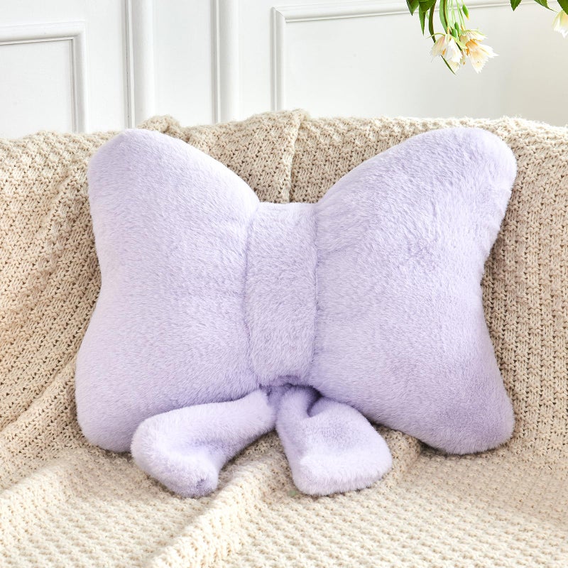 XVTRU Lavender Bow Pillow, Soft Bow Decorative Pillows with Faux Rabbit Fur, Cute 12" Bow Throw Pillows, Aesthetic Home Decor Bow Shaped Plush Pillow for Bedroom Sofa Couch - Image 1