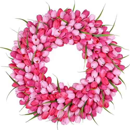 Zmtyykh Pink Tulip Wreath Spring Wreaths for Front Door Zmtyykh Artificial Floral Door Wreath for Valentine’s Day Easter Summer Decor for Outdoor Indoor Window Wall Front Porch Farmhouse Home 22 Inch - Image 1