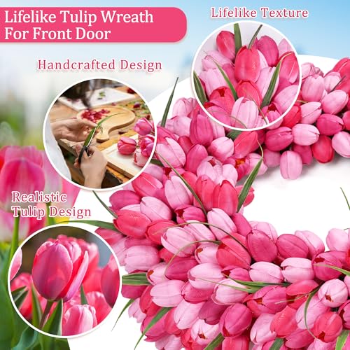 Zmtyykh Pink Tulip Wreath Spring Wreaths for Front Door Zmtyykh Artificial Floral Door Wreath for Valentine’s Day Easter Summer Decor for Outdoor Indoor Window Wall Front Porch Farmhouse Home 22 Inch - Image 3