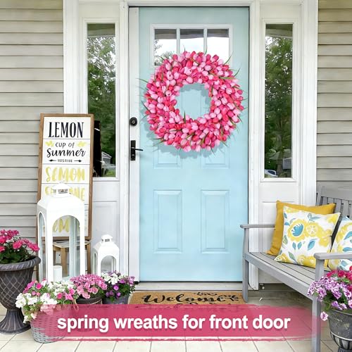 Zmtyykh Pink Tulip Wreath Spring Wreaths for Front Door Zmtyykh Artificial Floral Door Wreath for Valentine’s Day Easter Summer Decor for Outdoor Indoor Window Wall Front Porch Farmhouse Home 22 Inch - Image 5