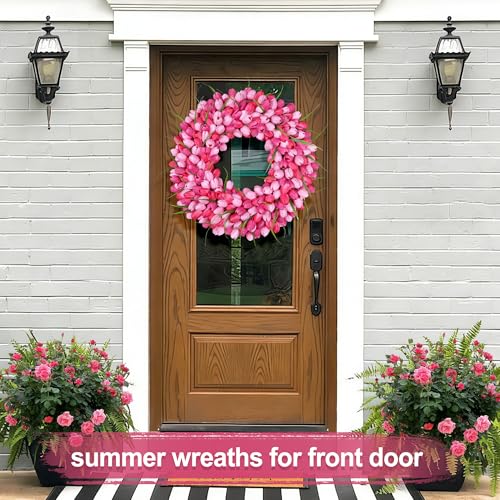 Zmtyykh Pink Tulip Wreath Spring Wreaths for Front Door Zmtyykh Artificial Floral Door Wreath for Valentine’s Day Easter Summer Decor for Outdoor Indoor Window Wall Front Porch Farmhouse Home 22 Inch - Image 4