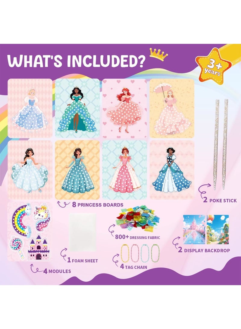 سيوسي Poke-in Art Craft Kit for Girls, DIY Cartoon Princess Dress-Up Game with 800+ Fabrics and 2 Sticks, Creative Activity for Kids Ages 3-10, Ideal for Birthday Parties, Art Classes, Home Play (12 Sets) - Image 2