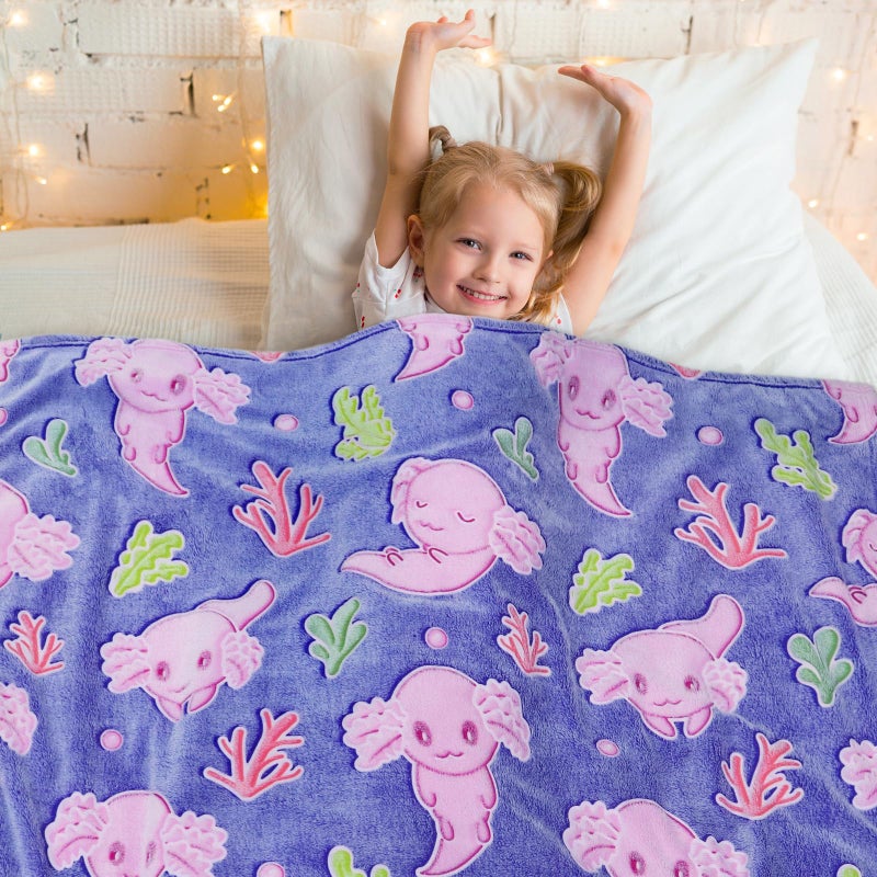KIVEE Glow in The Dark Blanket Axolotl Gifts Toys for Girls Cute Axolotl Blanket for Birthday Gifts - Image 2