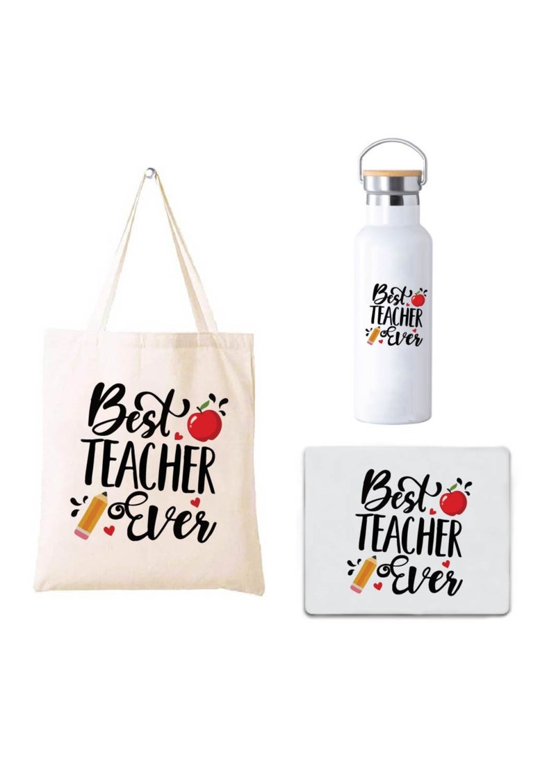 PRINTSHOP4ME - Teacher's Day Pack of 3 Combo Pack - Stainless Steel Bamboo Cap Flask Bottle 600ml, Cotton Bag and Mousepad - Teacher's Day Gift Set - Gift for World Teachers Day - Image 1