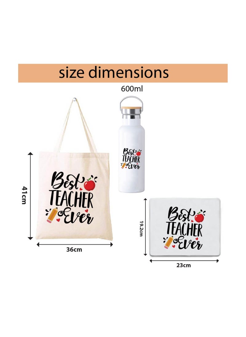 PRINTSHOP4ME - Teacher's Day Pack of 3 Combo Pack - Stainless Steel Bamboo Cap Flask Bottle 600ml, Cotton Bag and Mousepad - Teacher's Day Gift Set - Gift for World Teachers Day - Image 1
