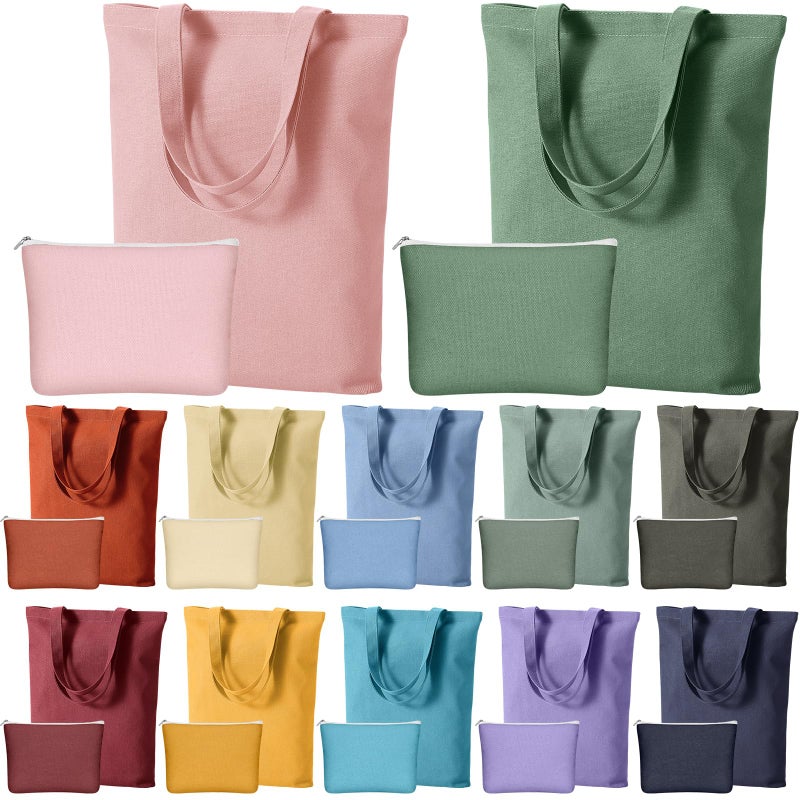 Dansydaisy 24 Pack Blank Tote Bags Bulk and Makeup Pouches 13 x 15 Inch Cotton Reusable Grocery Shopping Cloth Bags with Handles Pencil Cases with Zipper for DIY, Travel, Birthday Gift - Image 1